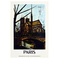 Poster di viaggio originale d'epoca Parigi Ferrovie Francesi Notre Dame Tedesco SNCF Railway