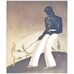 "Restraining the Bull", Striking Art Deco Painting w/ Shirtless Male Figure