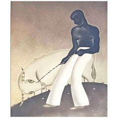 "Sujetando al toro", llamativa pintura Art Decó con figura masculina sin camisa