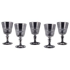 Antique Set of five French white wine glasses in crystal glass. Ca 1900