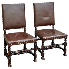 Late 19th Century English Jakobean Carved Oak Leather Dining Chairs - a Pair