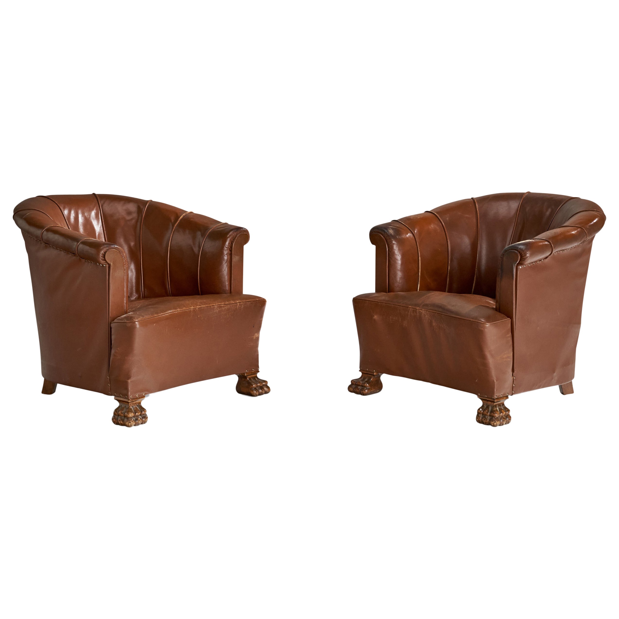 Swedish Designer, Lounge Chairs, Leather, Birch, Sweden, 1930s