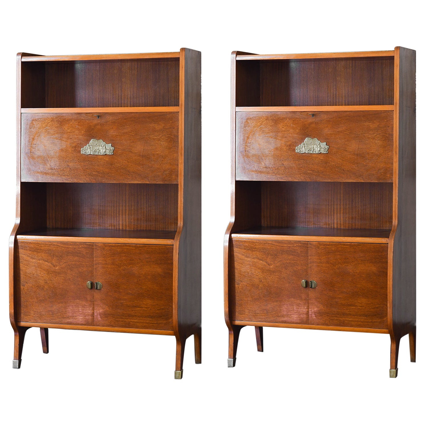 Pair of Mid-Century Wooden Sideboards With Brass Details And Decorations