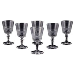 Set of six French white wine glasses in crystal glass. Ca 1900