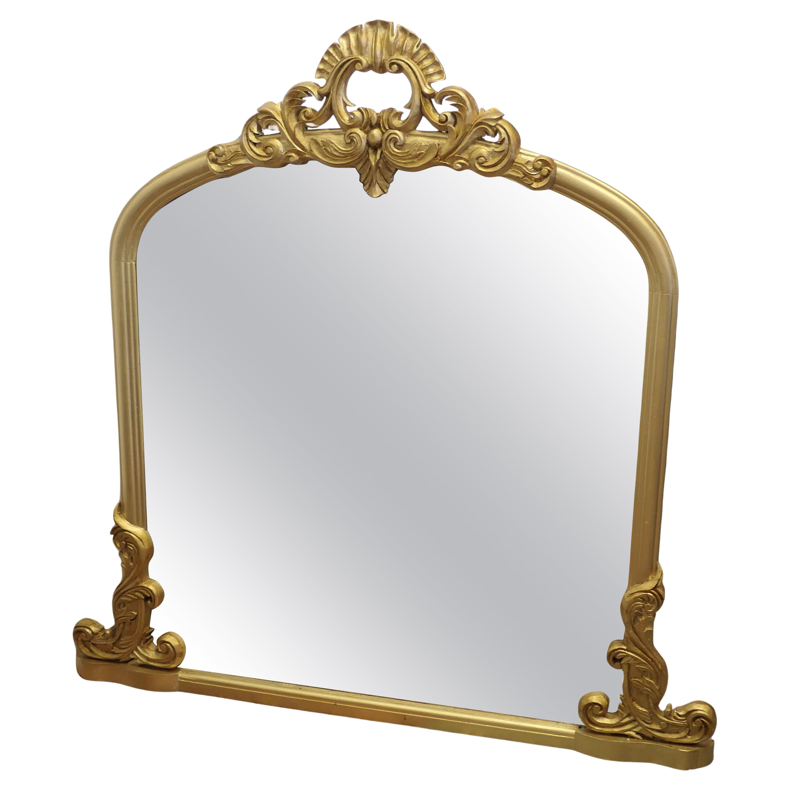 Large Gilt Rococo Style Arched Over Mantle Mirror     