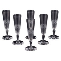 Set of six French champagne flutes in crystal glass. Ca 1900