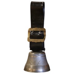 Mid-Century Swiss Bronze Cow Bell with Original Leather Strap and Buckle Dated