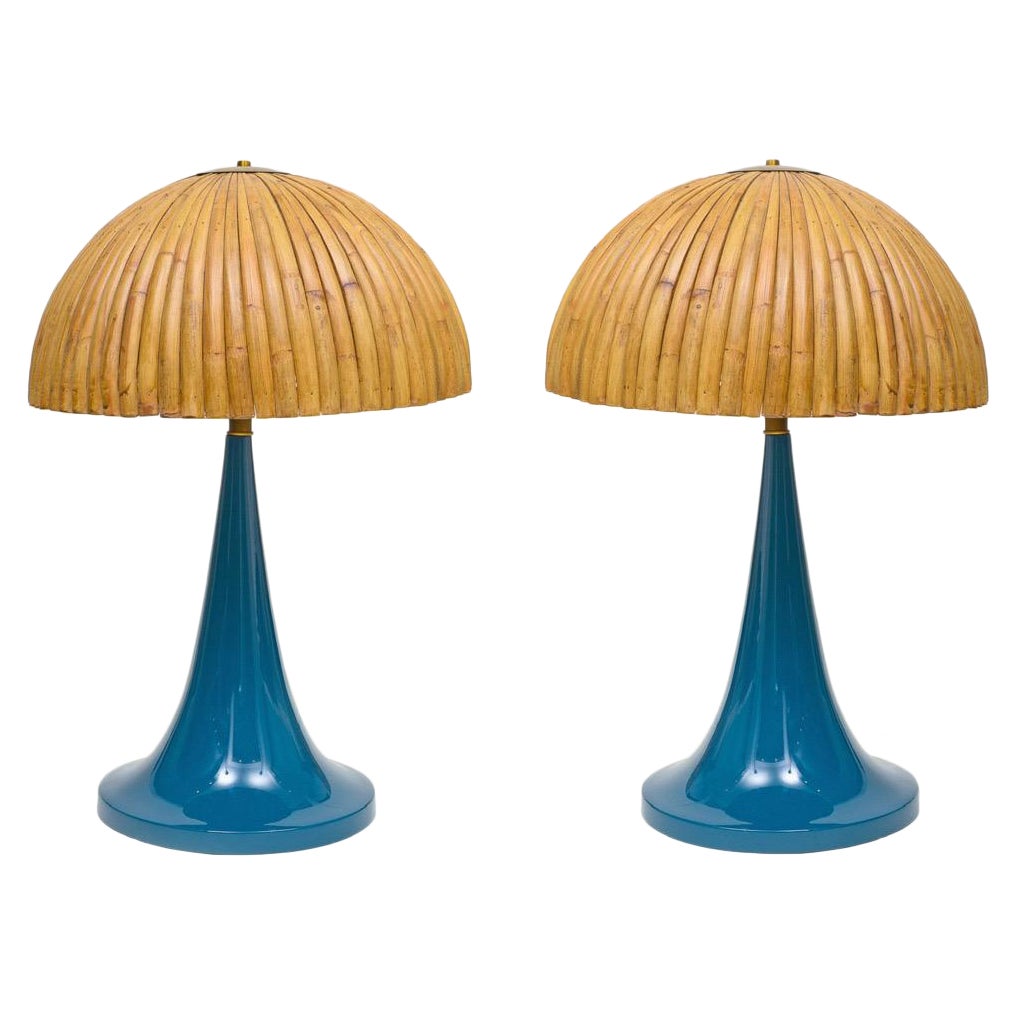 Gabriella Crespi Style Large Bamboo Pair of Table Lamps with Blue Lacquer Bases