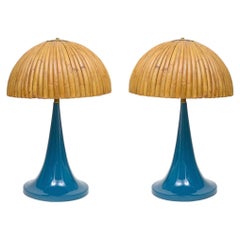 Large Bamboo Pair of Table Lamps with Blue Lacquer Bases