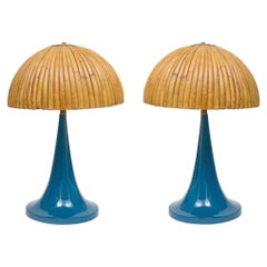 Paire de grandes lampes de bureau en bambou de style Gabriella Crespi avec bases en laque bleue