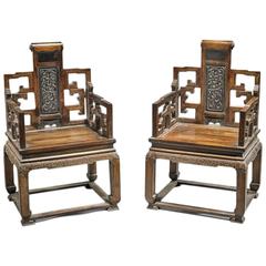 Pair of Carved Chinese Huanghuali Armchairs