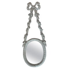 French Antique Carved Wood  Hanging Oval Mirror With French Bow