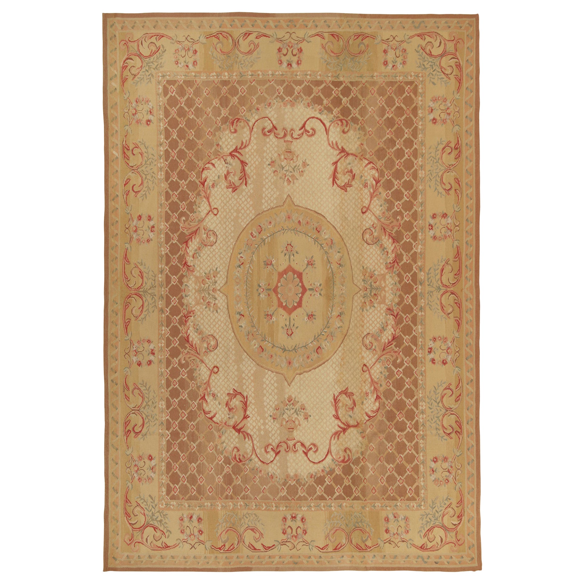 Rug & Kilim’s Aubusson style Flat Weave in Brown, Gold and Red Floral Medallion