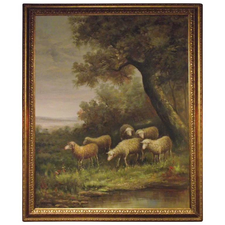 Oil Painting/Pastoral Scene, Sheep Grazing by a Brook at 1stdibs