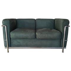 Le Corbusier Two-Seat Sofa, Loveseat, Green Suede and Chrome