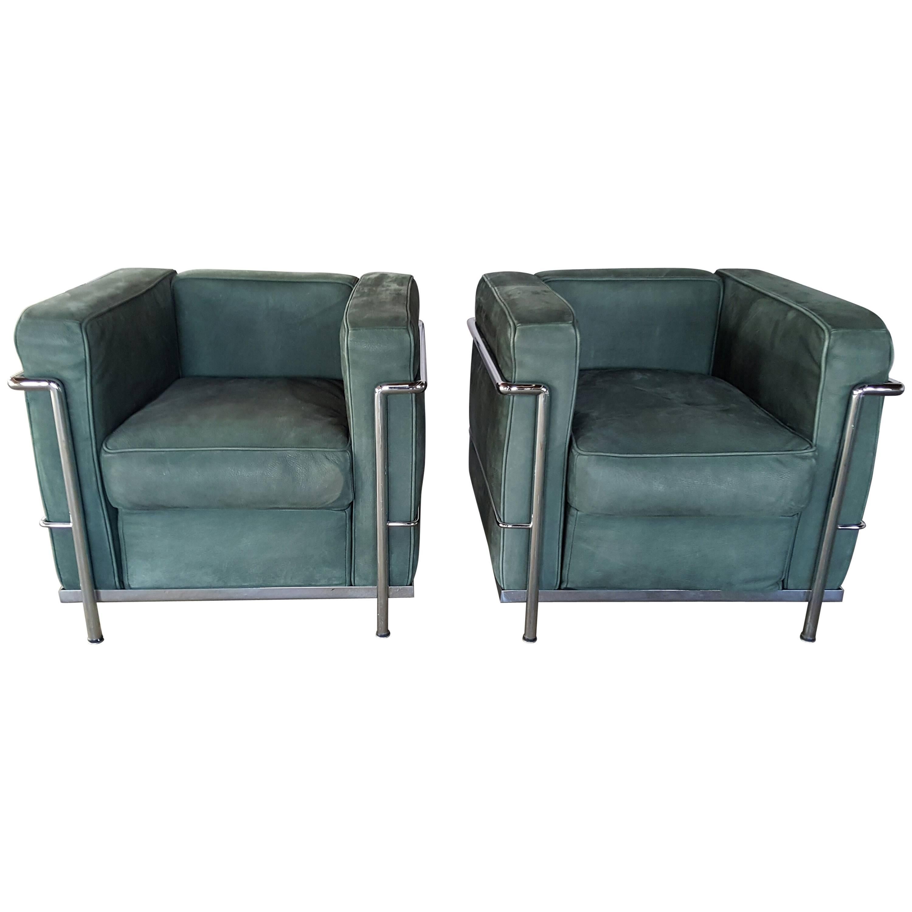 Pair of Le Corbusier Lc2 Lounge Chairs, Green Suede and Chrome