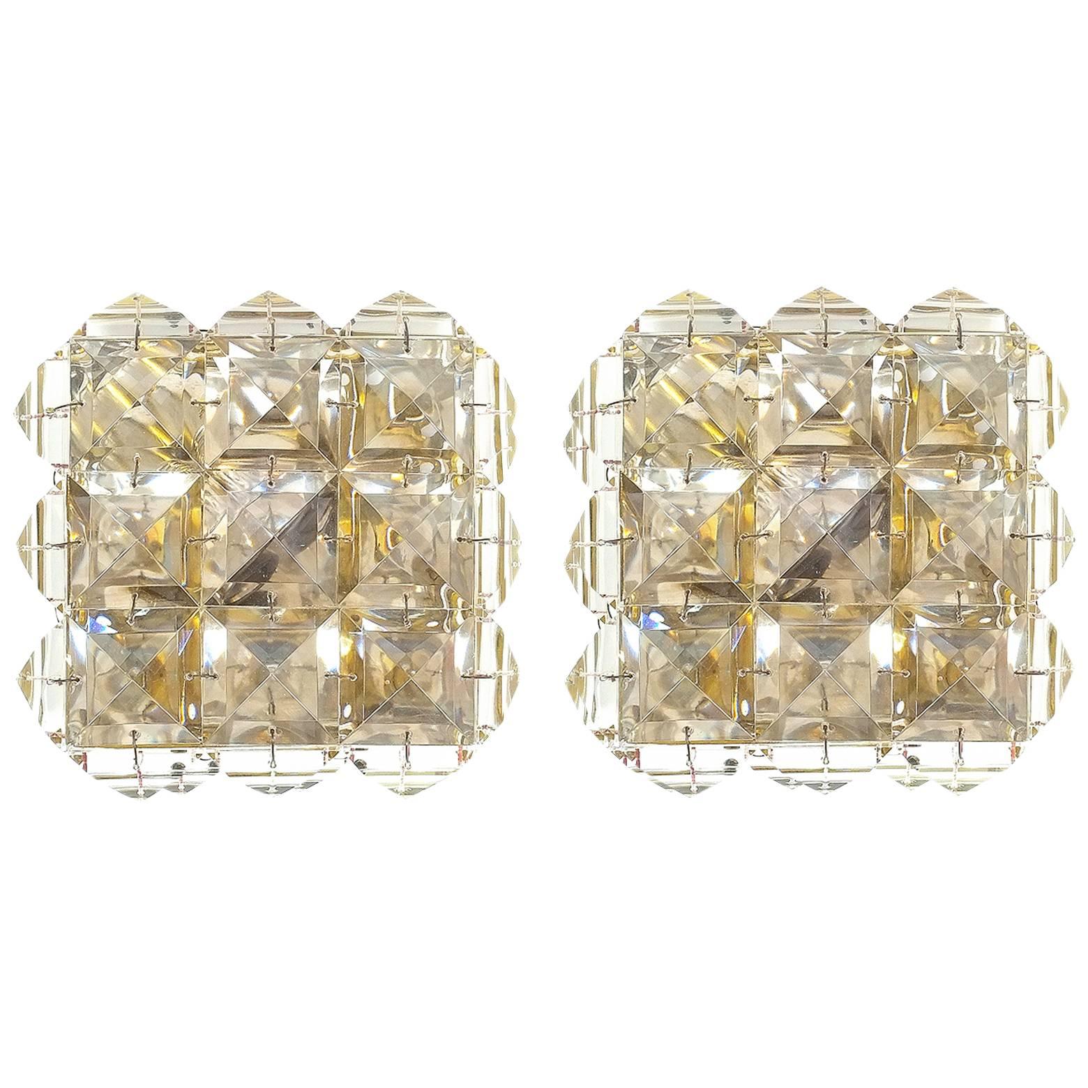 Bakalowits Pair Of Crystal Glass and Brass Sconces, Austria 1950