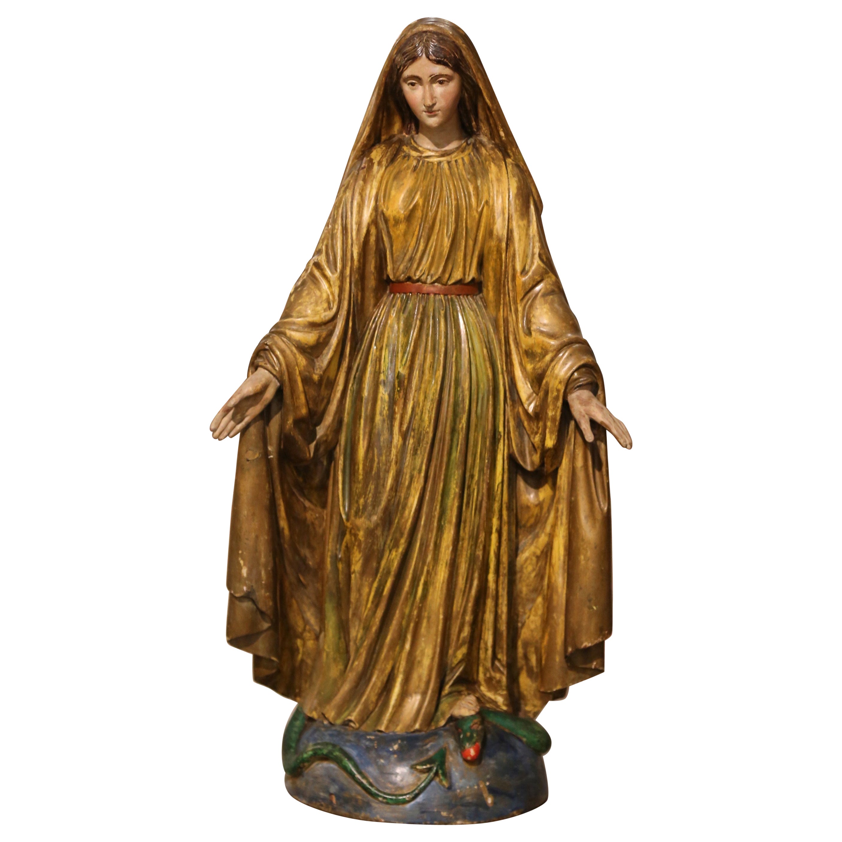 19th Century French Carved Giltwood Virgin Mary Statue on Globe from Provence For Sale