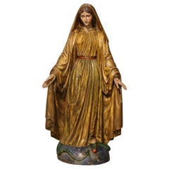 19th Century French Carved Giltwood Virgin Mary Statue on Globe from Provence