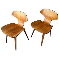 Pair of uncommon 1965 Plycraft bent wood walnut side chairs