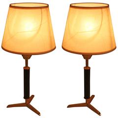 Pair of Bronze and Leather Table Lamps by Jacques Adnet