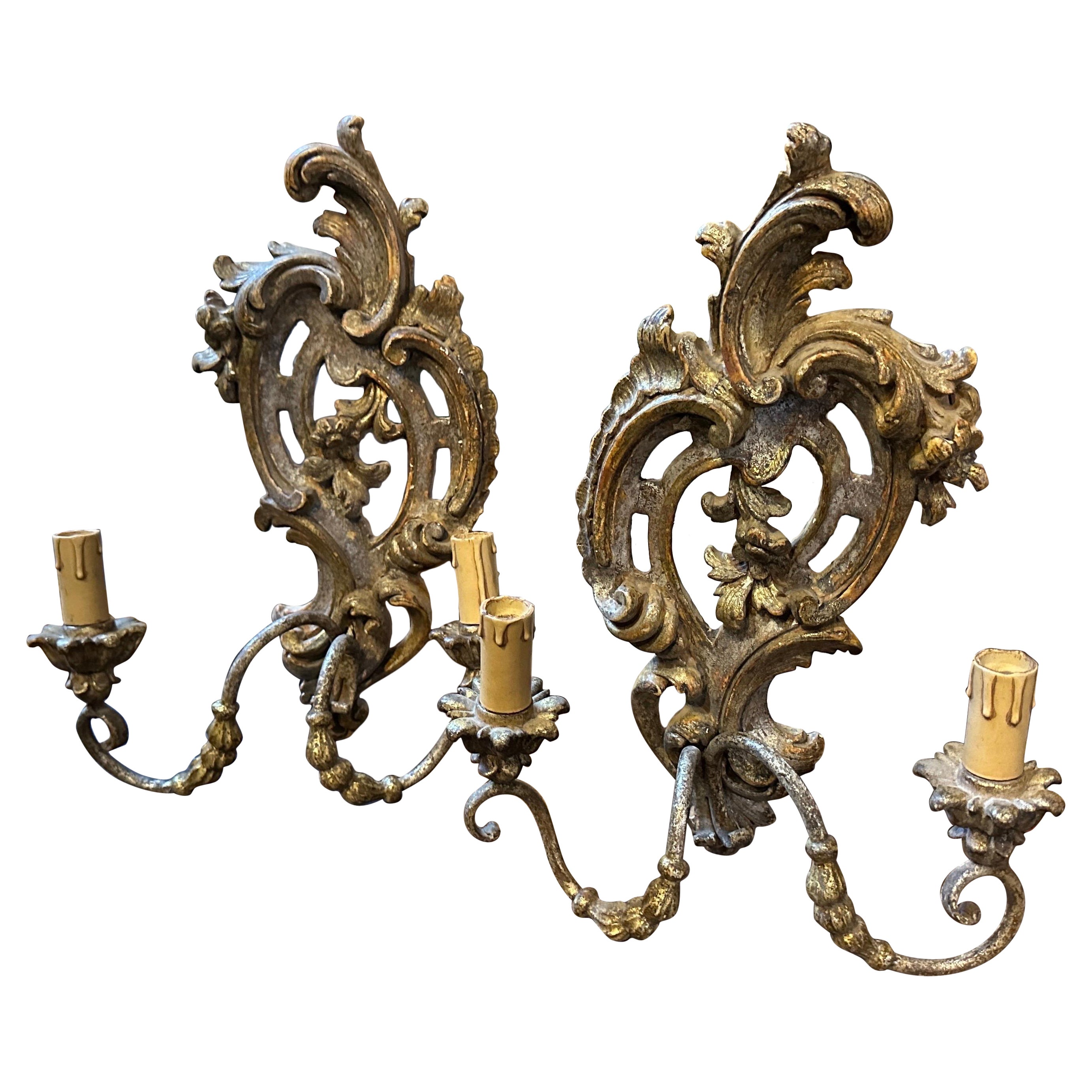 1900s Baroque Hand-Carved Lacquered Wood and Iron Italian Wall Sconces