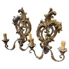 Antique 1900s Baroque Hand-Carved Lacquered Wood and Iron Italian Wall Sconces