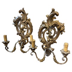 1900s Baroque Hand-Carved Lacquered Wood and Iron Italian Wall Sconces