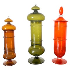 Set di tre vasi con coperchio in vetro colorato, Murano, anni '60
