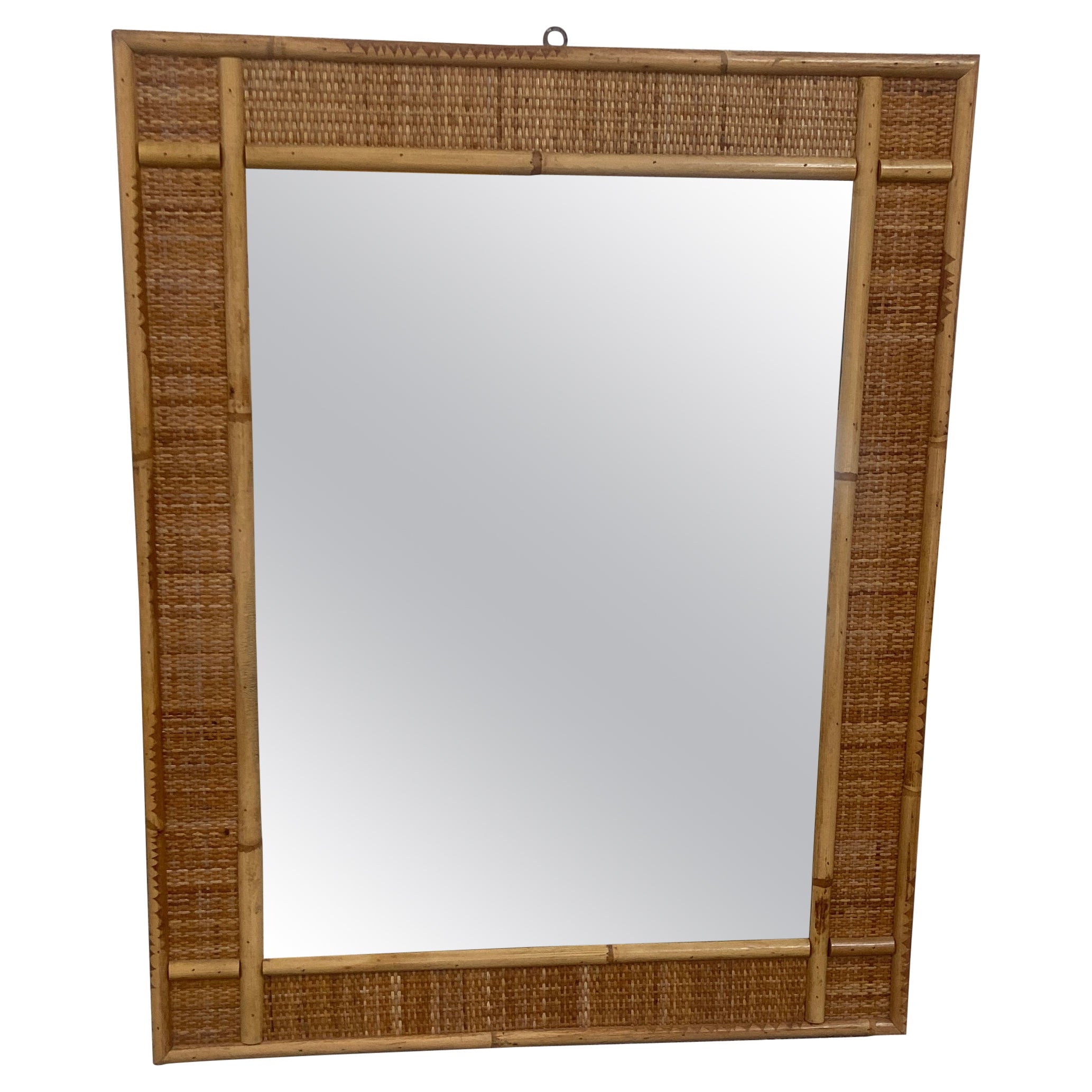 Mid-Century Modern Italian Rattan and Bamboo Wall Mirror from 1970s