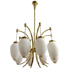 Eight-Arm Stilnovo Brass and Opaline Glass Drop Chandelier