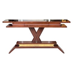 Modernistischer italienischer Konsolentisch aus Mahagoni und Messing mit X-Sockel und Bronze-Spiegelplatte