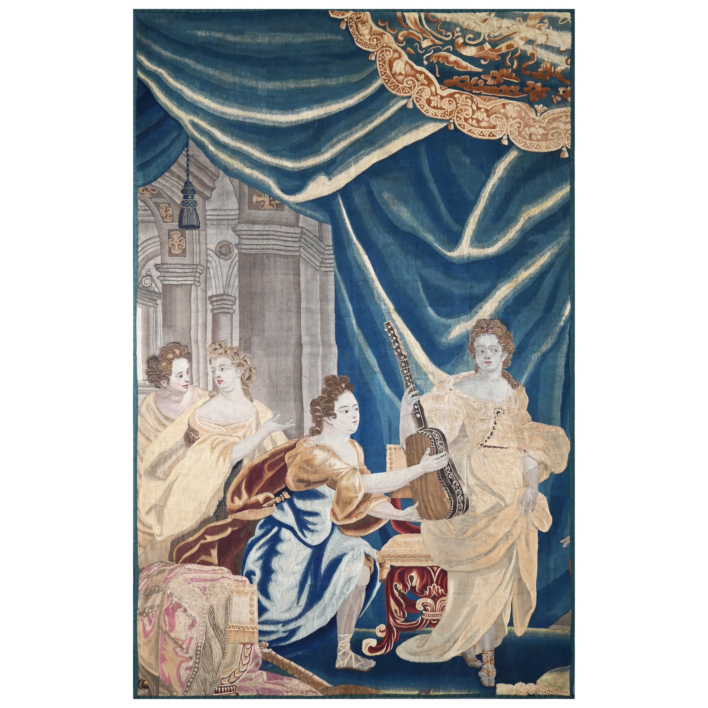 Tapiz de Bruselas Finales del Siglo XVII - Escena de Lección de Música - L1m50xh2m67 - N° 1397 en venta