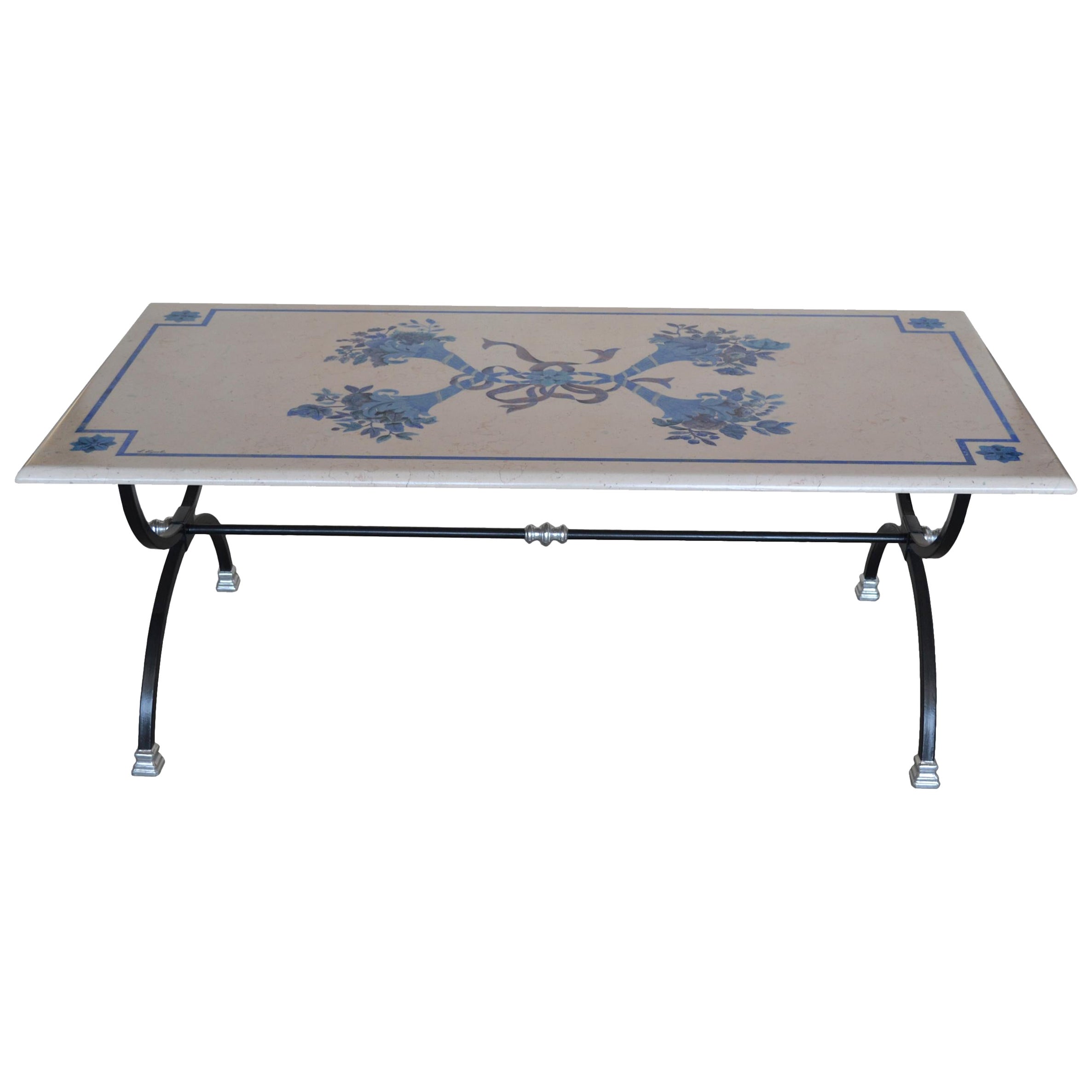 Tavolino da salotto, piano marmo beige, base ferro battuto disponibile in Italia