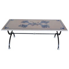 Tavolino da salotto, piano marmo beige, base ferro battuto disponibile in Italia