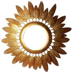 Spanish Gilt Iron Sunburst Pendant or Ceiling Fixture