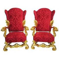 A Pair Italian 19th-20th Century Baroque Giltwood Carved Winged Throne Armchairs