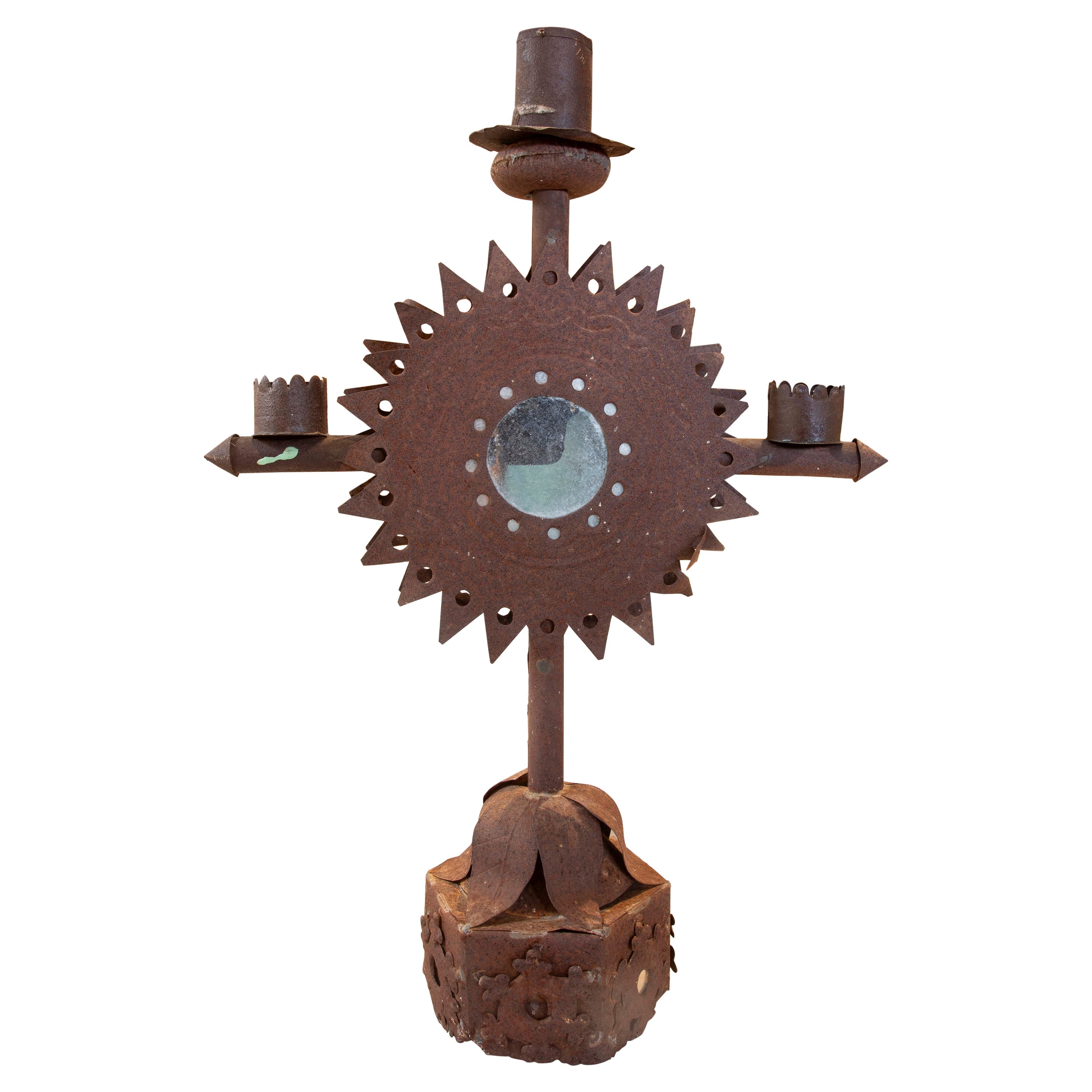 1950s Spanish Iron Candlestick for Three Candles with Round Mirror For Sale
