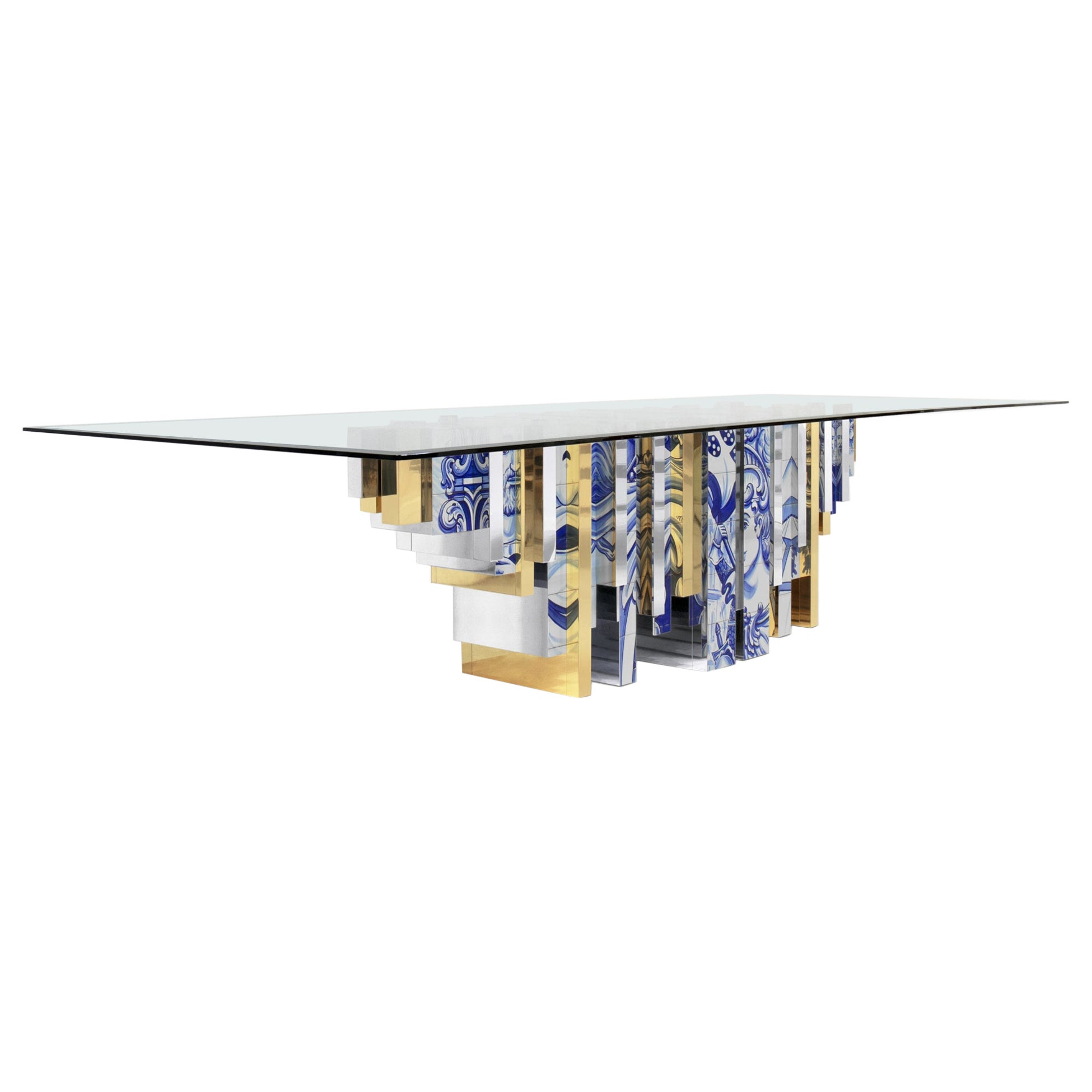 Heritage Dining Table - Hand-Painted Tiles - Glass & Brass - Boca do Lobo For Sale