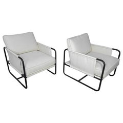 Pair of Upholstered Modern Chairs in Beige Linen with Black Iron Base