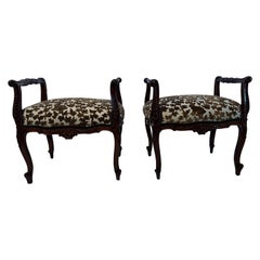 Antique !9th Century Itallian Walnut Fireside Benches in Brown Velvet Rabbit Upholstery