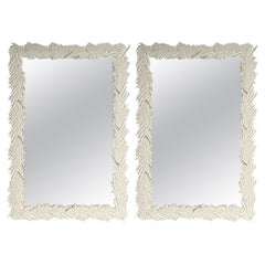 Serge Roche Style, Contemporary, Rectangular Leaf Wall Mirrors, White Lacquer