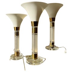 Vintage 1970s-1980s brass and lucite torchiere table lamps with touch switches