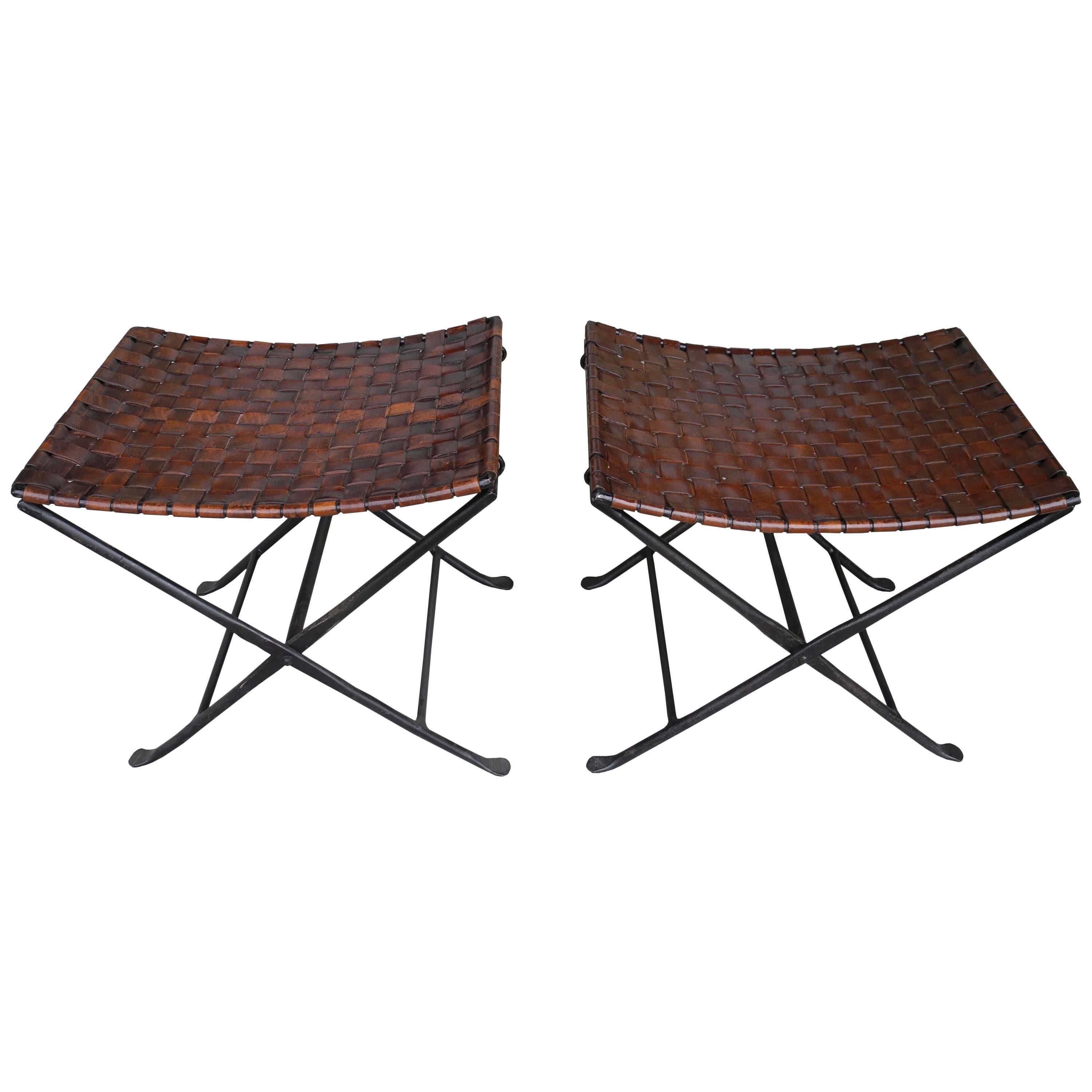 Vintage Modern Hand-Forged Metal and Leather Strap Folding Stools or Benches For Sale