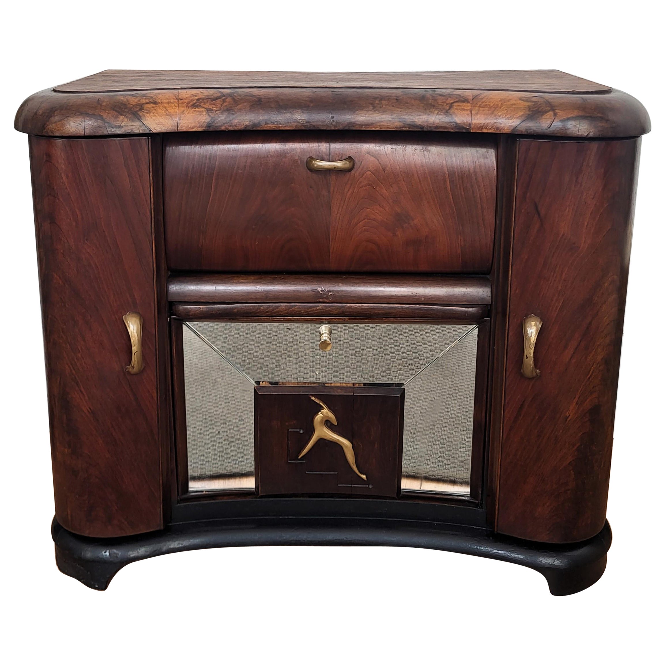 Armadio bar a secco in radica di noce e mosaico con specchio, italiano, anni '1950, Art Deco, metà secolo