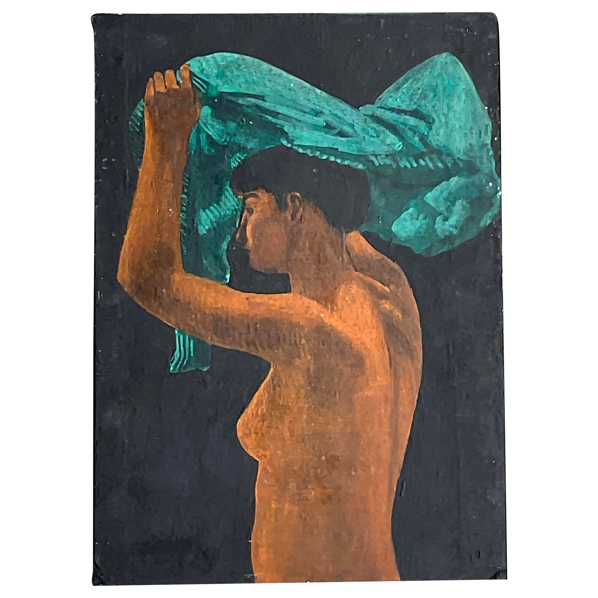 Vintage Boho Figural Oil Painting on Board For Sale