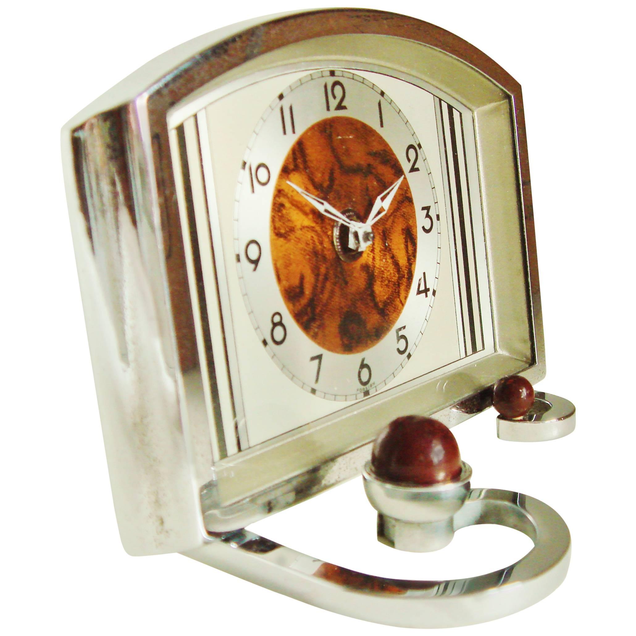 Eccentrically Designed Petite German Art Deco Chrome & Painted Metal Table Clock For Sale