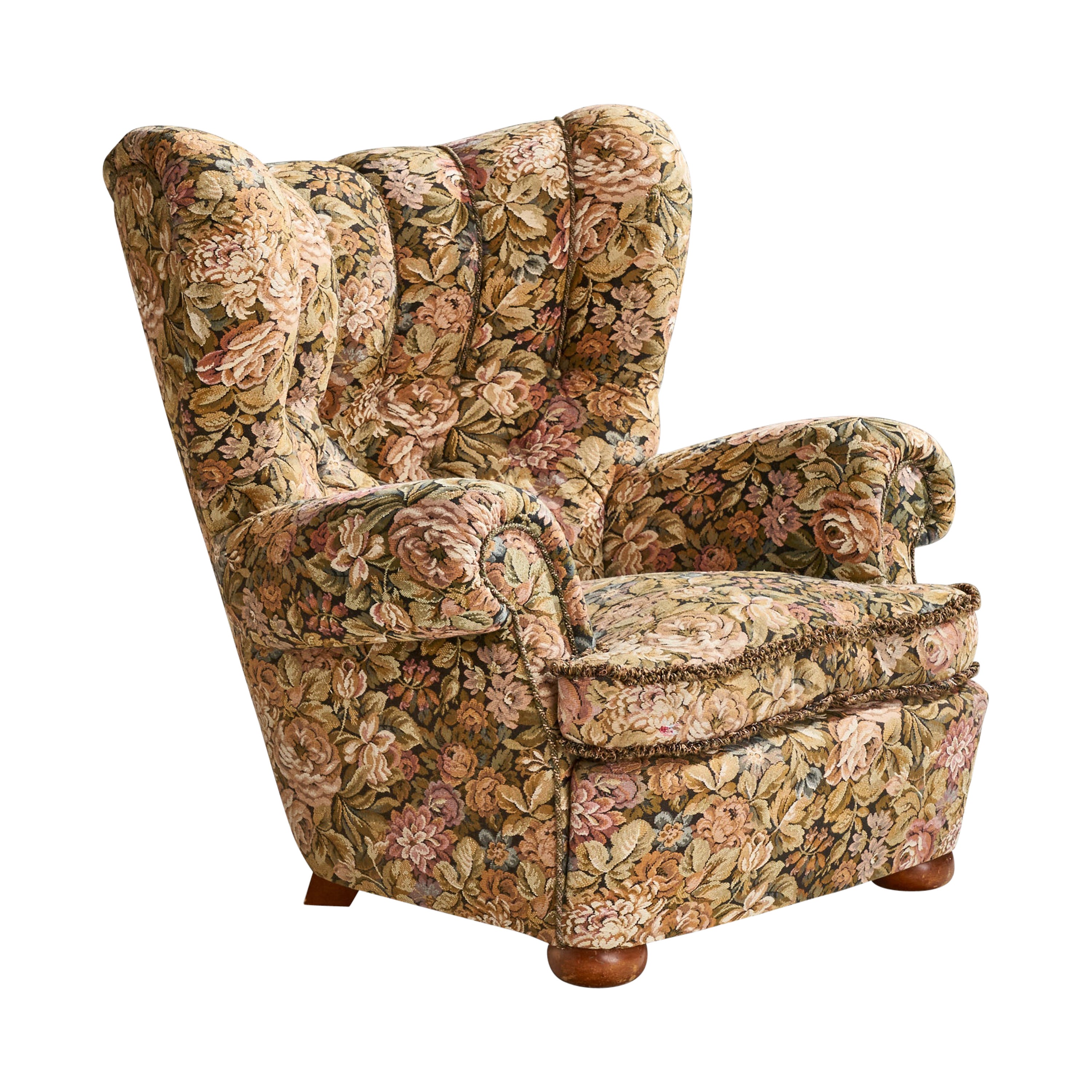 Swedish Designer, Lounge Chair, Fabric, Wood, Sweden, 1940s