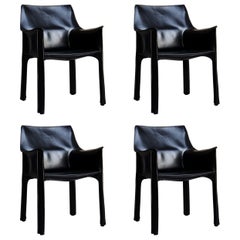 4 Sillones CAB 413 de Mario Bellini en cuero negro para Cassina, años 80 Italia