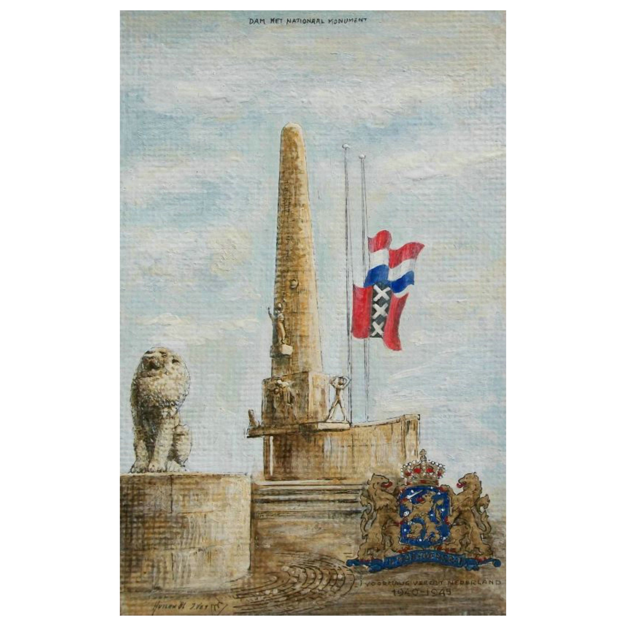 J. VET - Monumento Nacional de Amsterdam - Impresión coloreada a mano - Países Bajos - C.1986